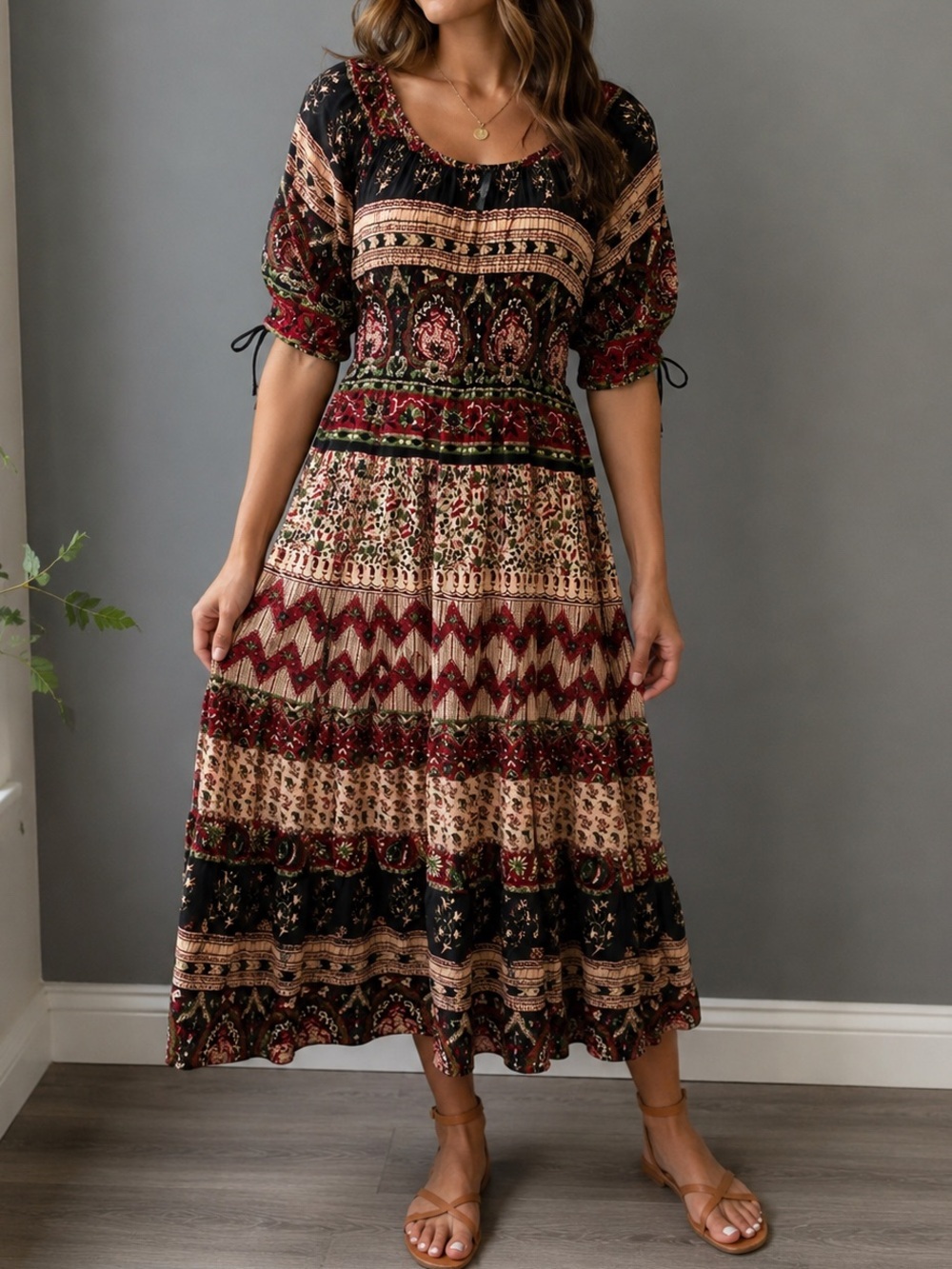 Boho Paisley Maxi Dress Burgundy Black Cream | Smocked Waist | Size XS/S